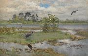 bruno liljefors Landscape With Cranes at the Water painting